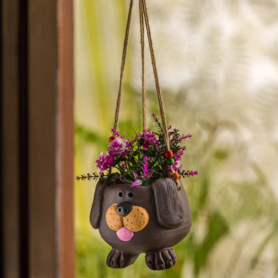 Swinging Dog Handmade & Hand-Painted Hanging Planter – Terracotta, 14 cm
