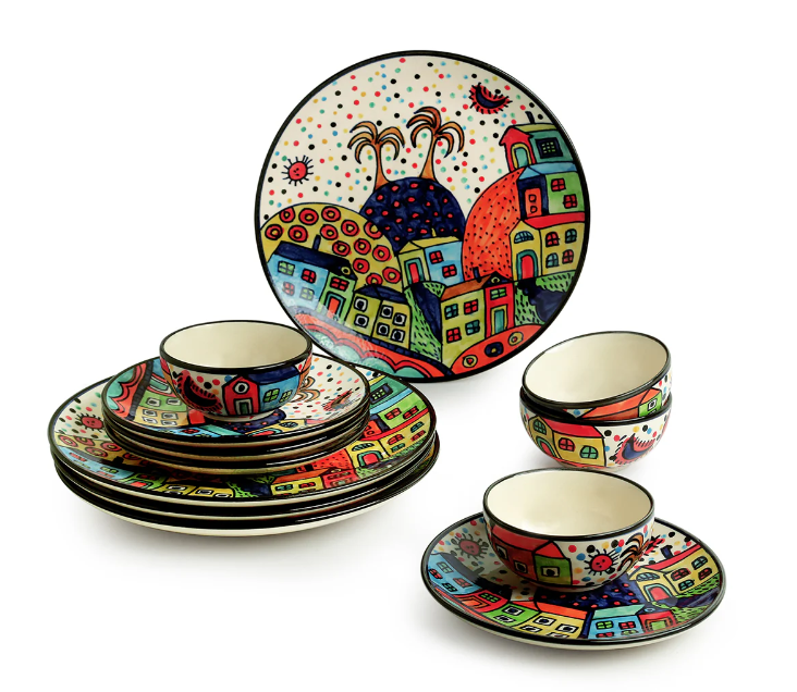 Hut Dining Hand-Painted Ceramic Dinner Set – 12 Pieces (Serving for 4)