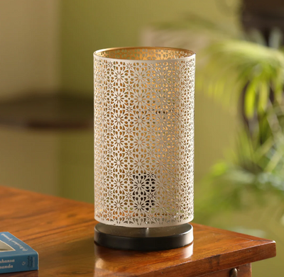 Moroccan Shimmer Hand-Etched Iron Table Lamp – White, 30.5 cm