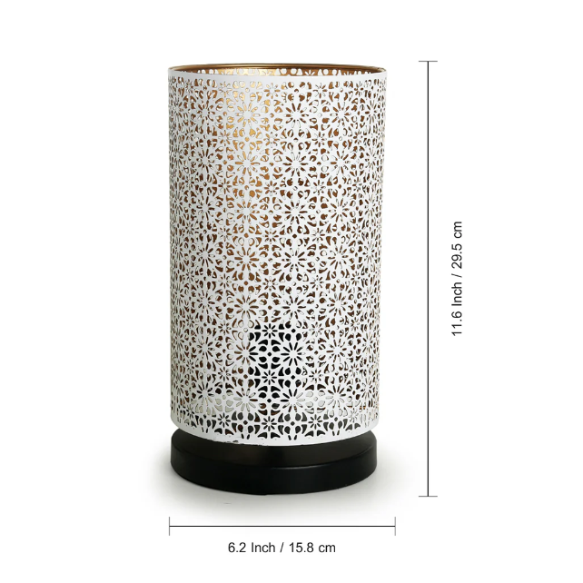 Moroccan Shimmer Hand-Etched Iron Table Lamp – White, 30.5 cm