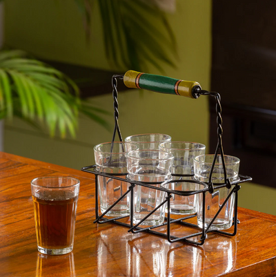 The Railway Nostalgia Cutting Chai Glass Set with Holder – Set of 6 (120 ml Each)