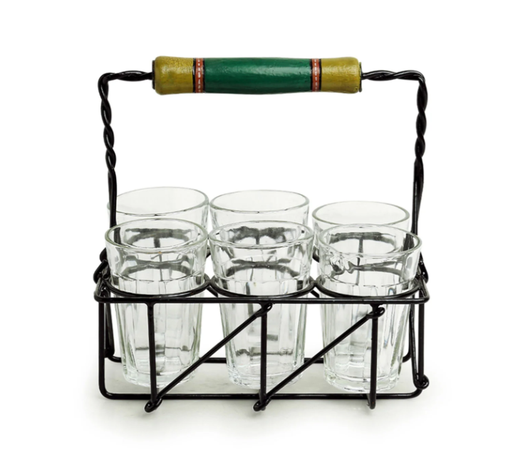 The Railway Nostalgia Cutting Chai Glass Set with Holder – Set of 6 (120 ml Each)