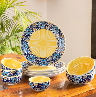 Badamwari Bagheecha’ Hand-Painted Ceramic Dinnerware Set – 10 Pieces (Serving for 4, Microwave Safe)