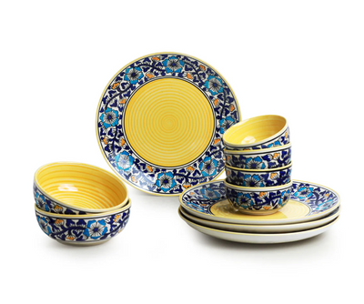 Badamwari Bagheecha’ Hand-Painted Ceramic Dinnerware Set – 10 Pieces (Serving for 4, Microwave Safe)