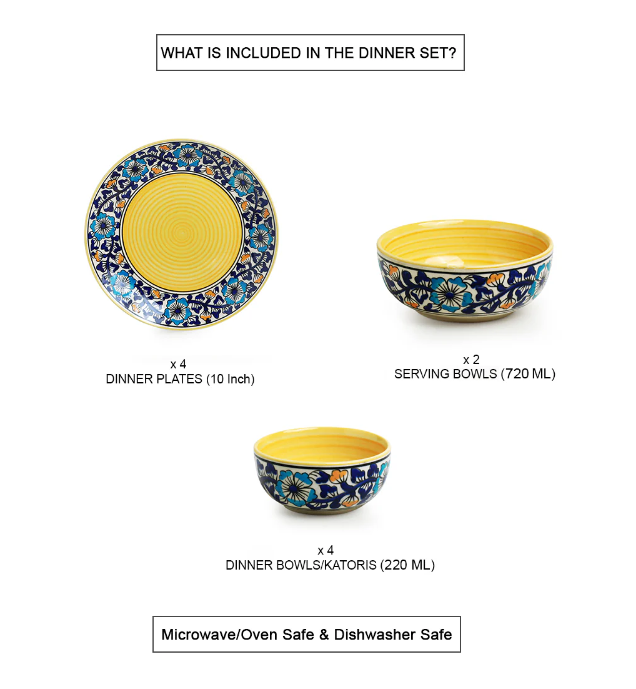 Badamwari Bagheecha’ Hand-Painted Ceramic Dinnerware Set – 10 Pieces (Serving for 4, Microwave Safe)
