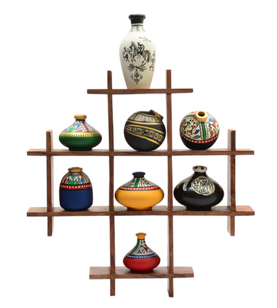 8 Terracotta Warli Handpainted Pots With Sheesham Wooden Frame – Wall Hanging Décor
