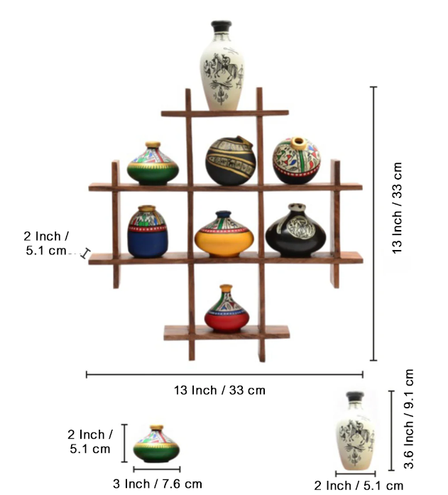 8 Terracotta Warli Handpainted Pots With Sheesham Wooden Frame – Wall Hanging Décor