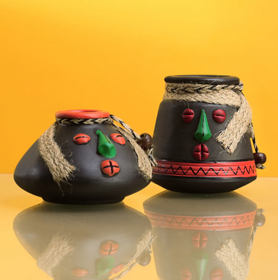 Tribal Rustic Pot-Faces Showpieces in Terracotta with Jute Detailing (Set of 2)