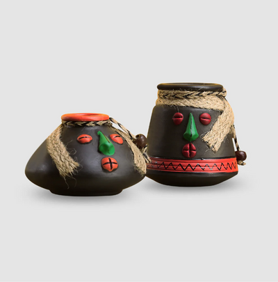 Tribal Rustic Pot-Faces Showpieces in Terracotta with Jute Detailing (Set of 2)