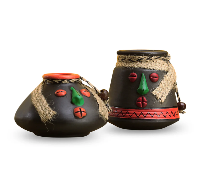 Tribal Rustic Pot-Faces Showpieces in Terracotta with Jute Detailing (Set of 2)