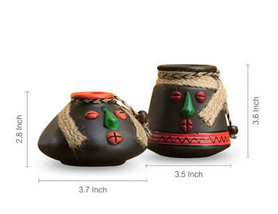 Tribal Rustic Pot-Faces Showpieces in Terracotta with Jute Detailing (Set of 2)