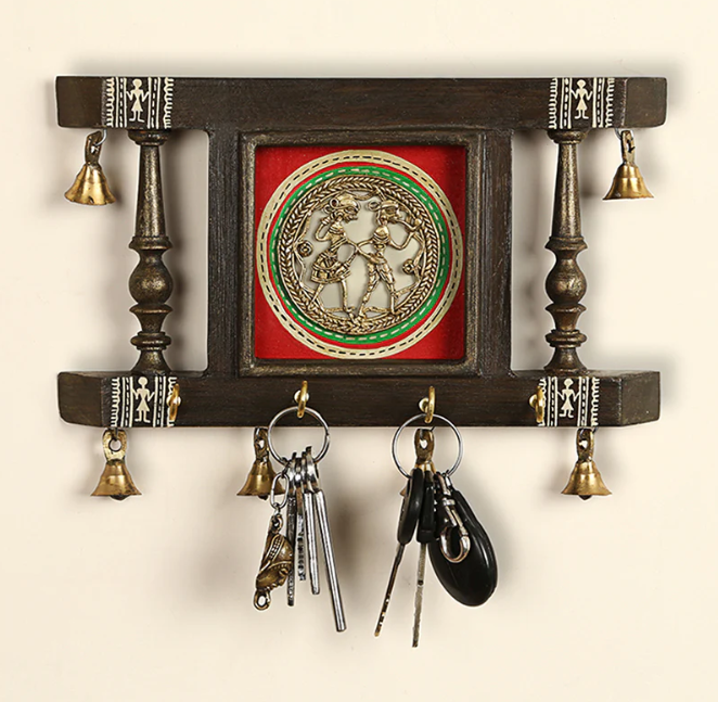 Brass People On Teak Wood Warli Hand-Painted Key Holder With Dhokra Art (4 Hooks)