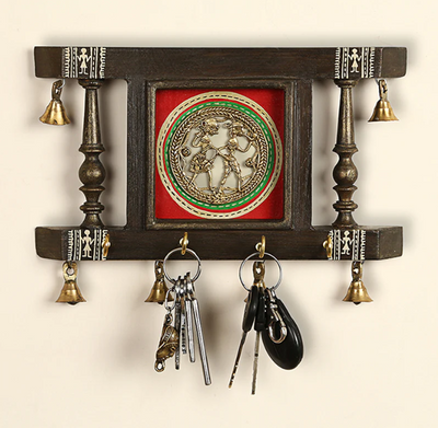 Brass People On Teak Wood Warli Hand-Painted Key Holder With Dhokra Art (4 Hooks)