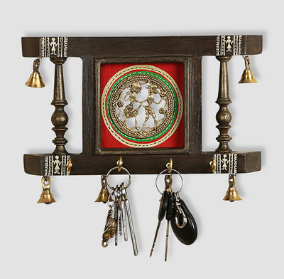 Brass People On Teak Wood Warli Hand-Painted Key Holder With Dhokra Art (4 Hooks)