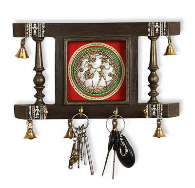 Brass People On Teak Wood Warli Hand-Painted Key Holder With Dhokra Art (4 Hooks)