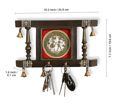 Brass People On Teak Wood Warli Hand-Painted Key Holder With Dhokra Art (4 Hooks)