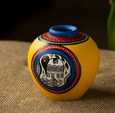 15.2 cm Terracotta Hand-Painted Matki Shaped Vase – Yellow