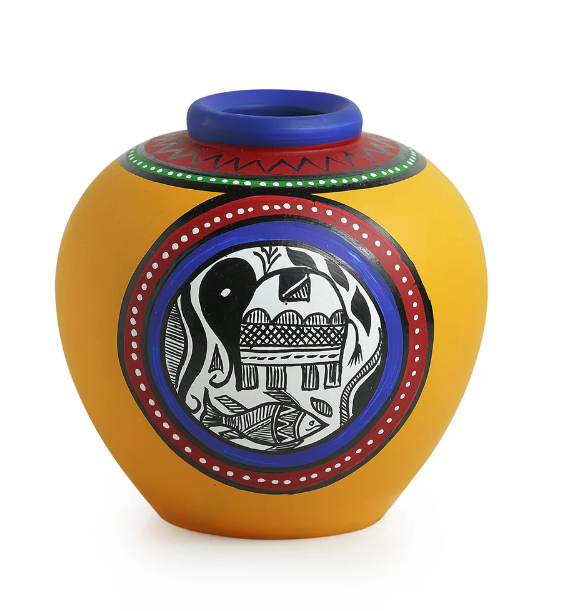 15.2 cm Terracotta Hand-Painted Matki Shaped Vase – Yellow