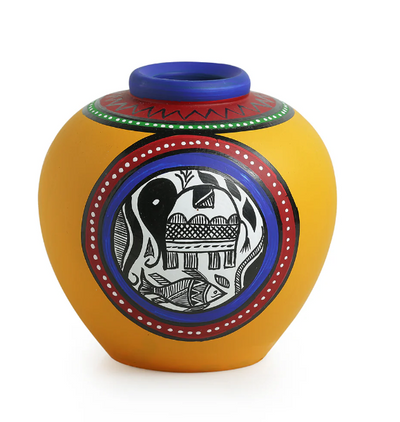 15.2 cm Terracotta Hand-Painted Matki Shaped Vase – Yellow