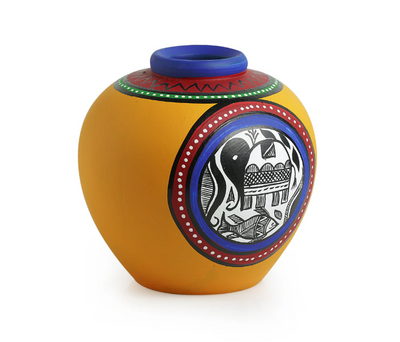 15.2 cm Terracotta Hand-Painted Matki Shaped Vase – Yellow