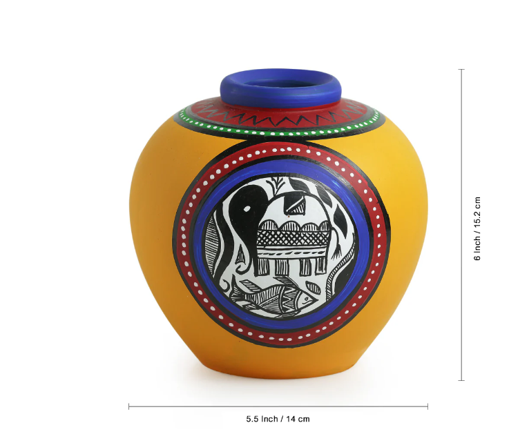 15.2 cm Terracotta Hand-Painted Matki Shaped Vase – Yellow