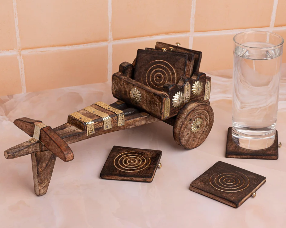 Wooden Bullock Cart Shaped Decorative & Functional Coaster Set – 6 Coasters + 1 Holder