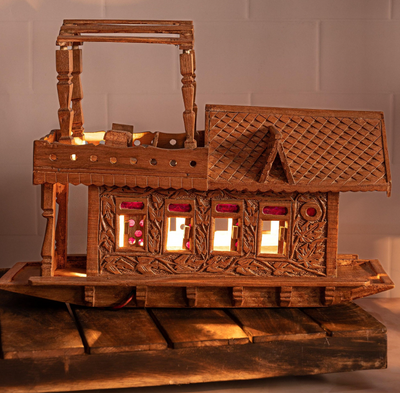 Walnut Wood Carved Kashmir House Boat with Lights – 18 Inches