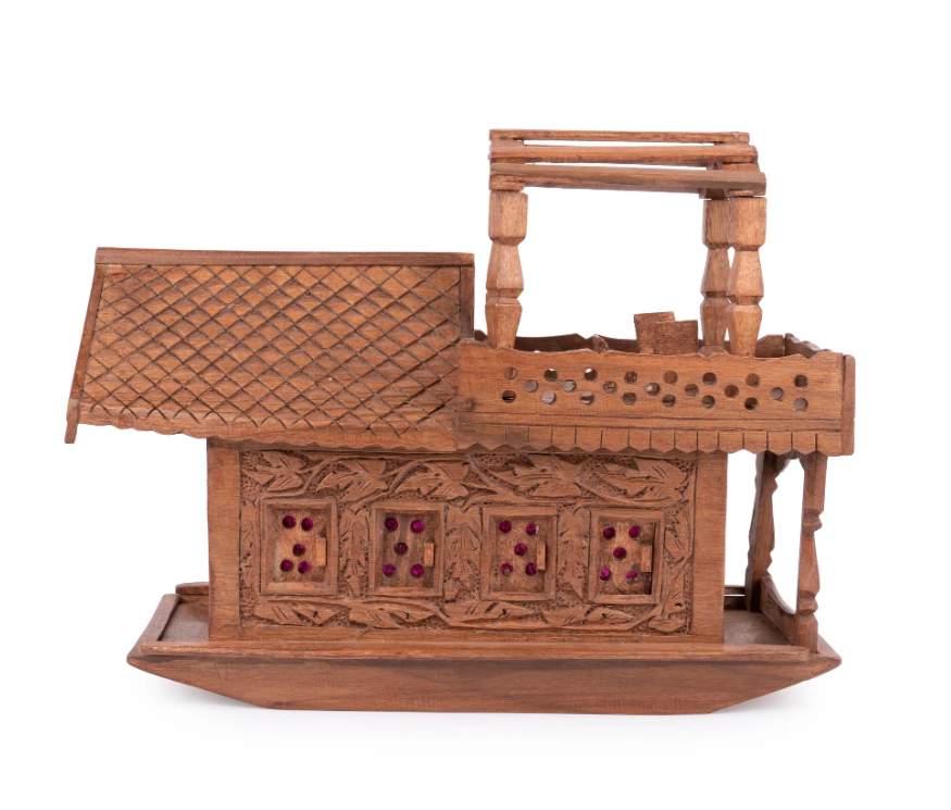 Walnut Wood Carved Kashmir House Boat with Lights – 18 Inches