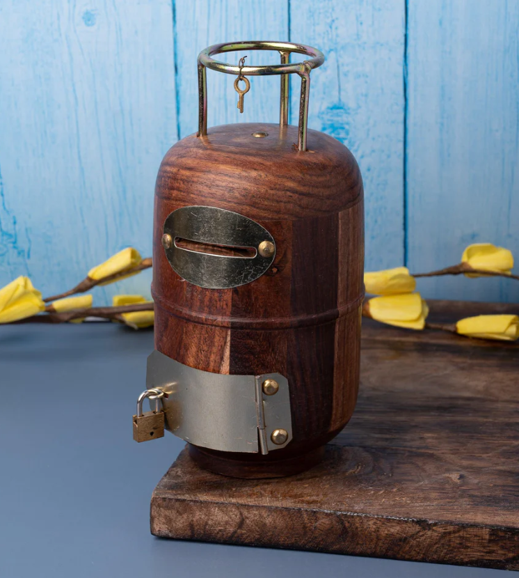 Cylinder Design Wooden Money Bank