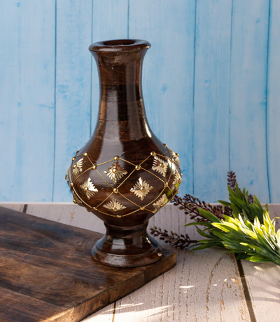 Wooden Flower Vase with Brass Decoration – 12 Inches