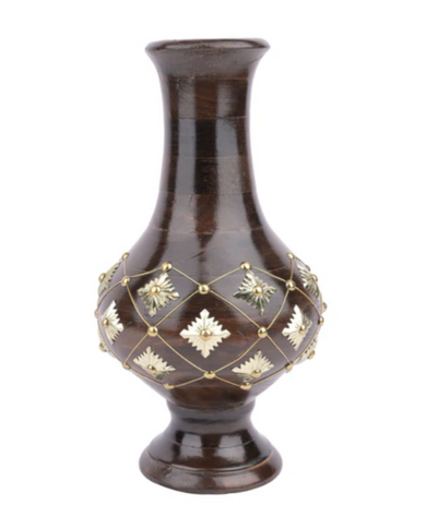 Wooden Flower Vase with Brass Decoration – 12 Inches