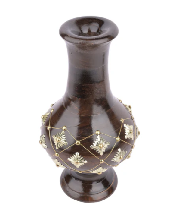 Wooden Flower Vase with Brass Decoration – 12 Inches
