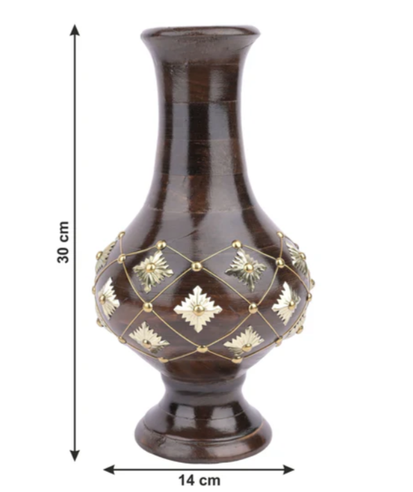 Wooden Flower Vase with Brass Decoration – 12 Inches