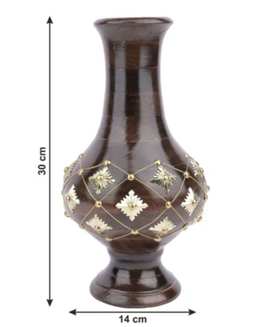 Wooden Flower Vase with Brass Decoration – 12 Inches