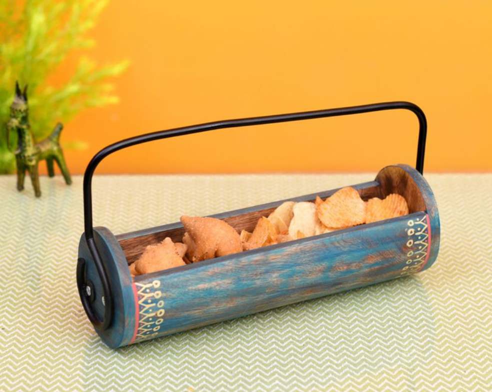 Blue Wooden Snack Server | Exotic Shape with Stylish Metal Handle