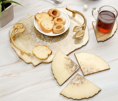 Gold Flakes Resin Serving Tray & Coaster Set | Multipurpose Elegance for Every Occasion