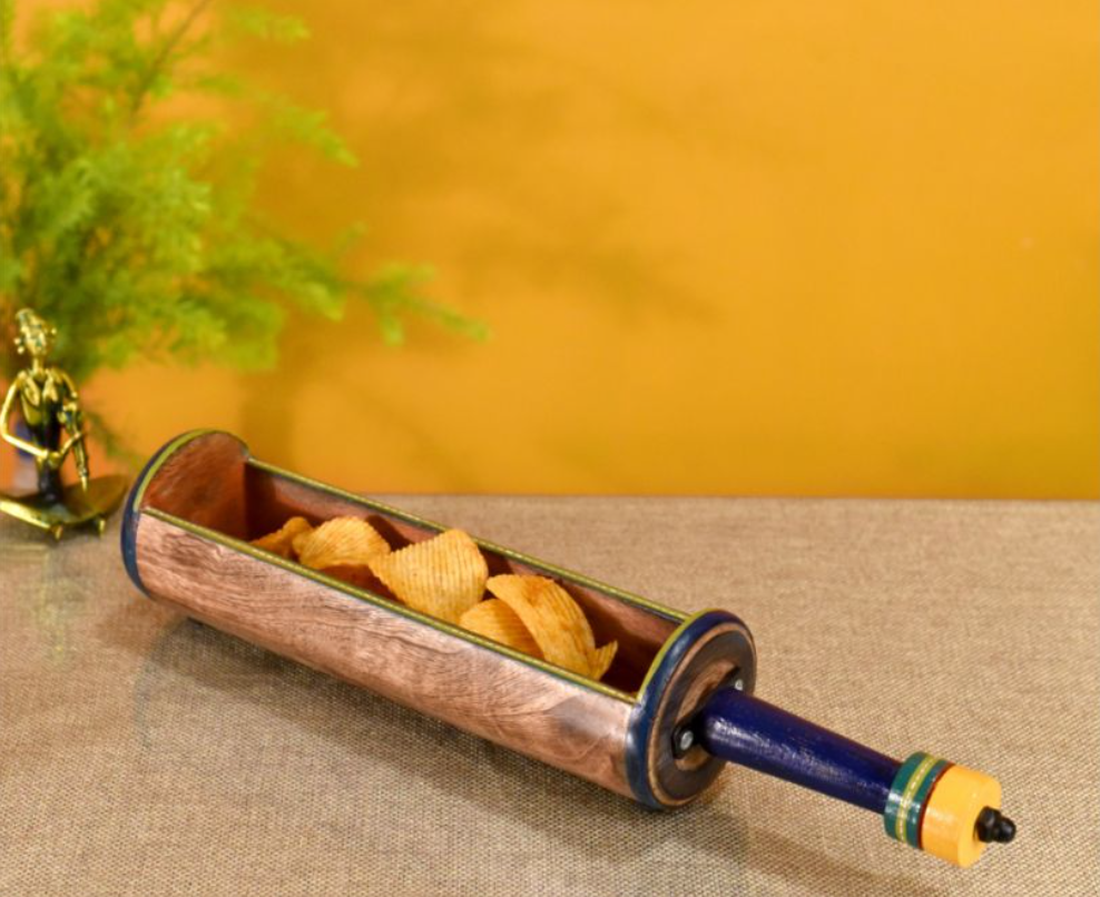 Midnight Blue Wooden Snack Server | Exotic Tabular Shape with Sleek Metal Handle