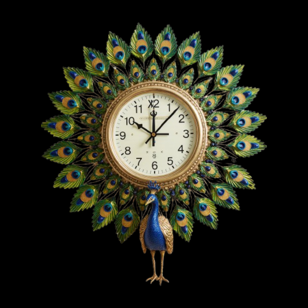 Royal Peacock Feather Wall Clock – Handcrafted Decorative Timepiece