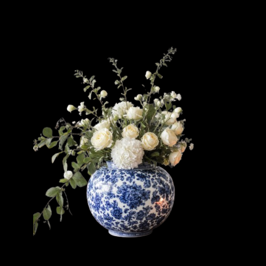 Elegant Blue & White Floral Porcelain Vase with Artificial White Roses Arrangement