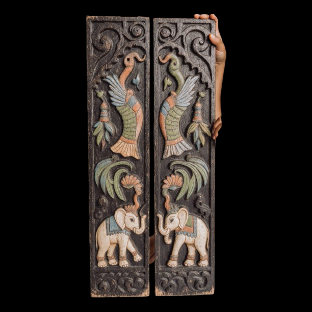 Handcrafted Wooden Wall Panels – Peacock & Elephant Design