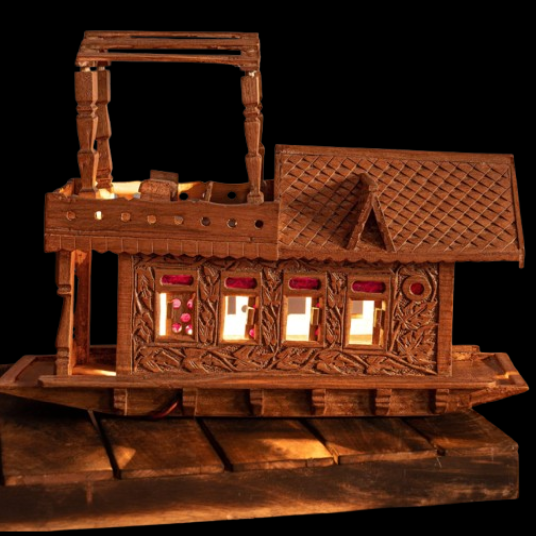 Walnut Wood Carved Kashmir House Boat with Lights – 18 Inches
