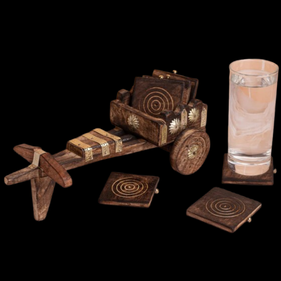 Wooden Bullock Cart Shaped Decorative & Functional Coaster Set – 6 Coasters + 1 Holder