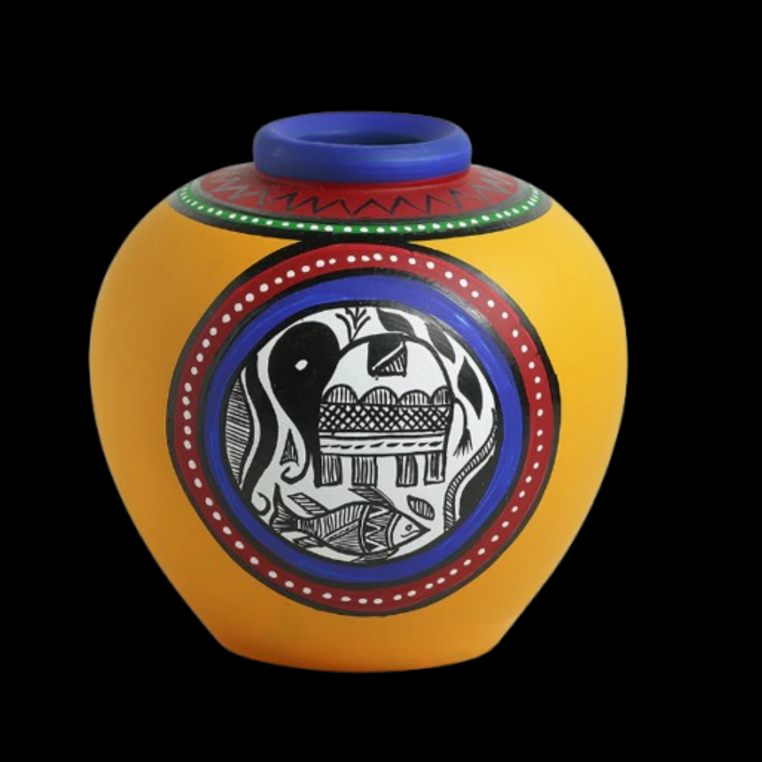 15.2 cm Terracotta Hand-Painted Matki Shaped Vase – Yellow