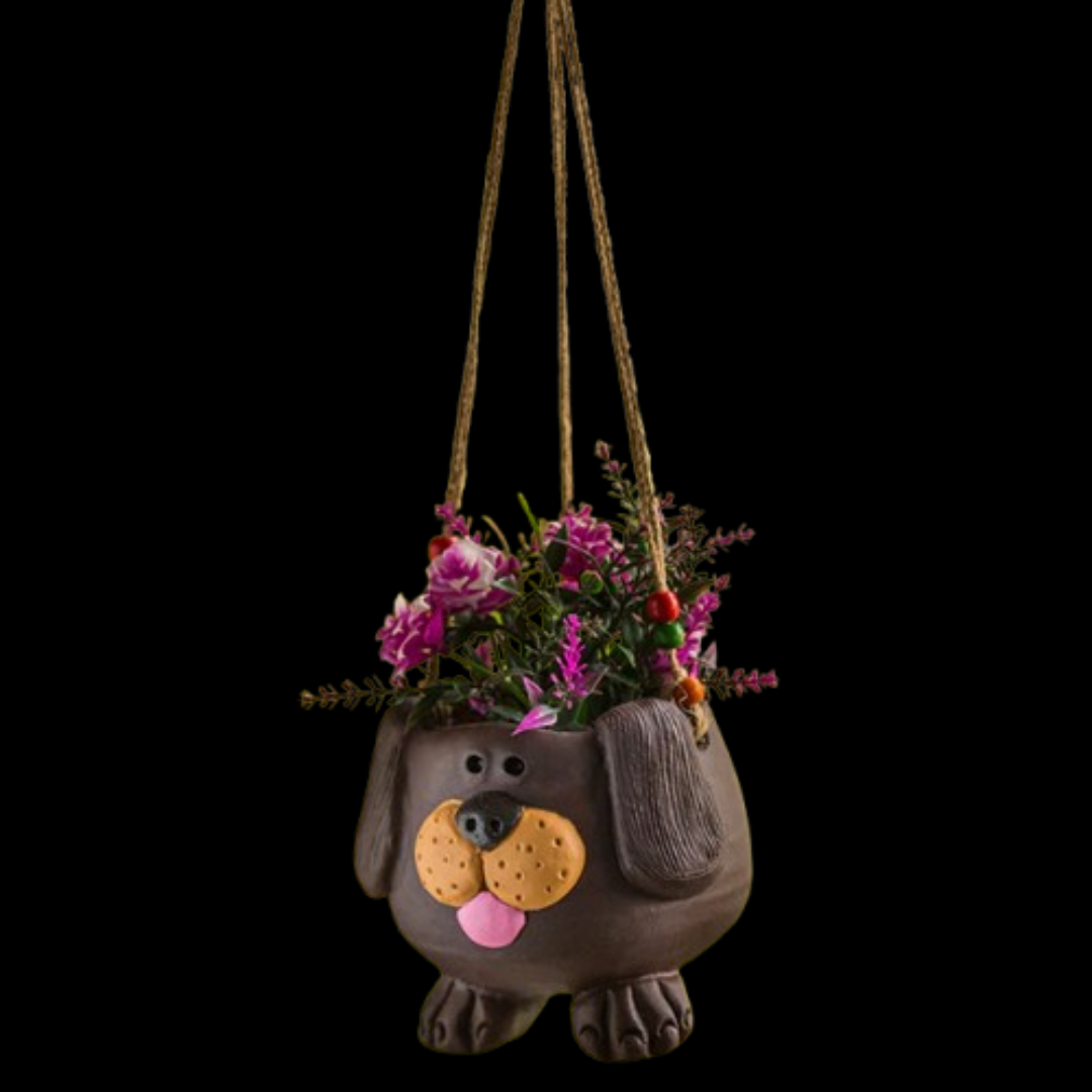 Swinging Dog Handmade & Hand-Painted Hanging Planter – Terracotta, 14 cm