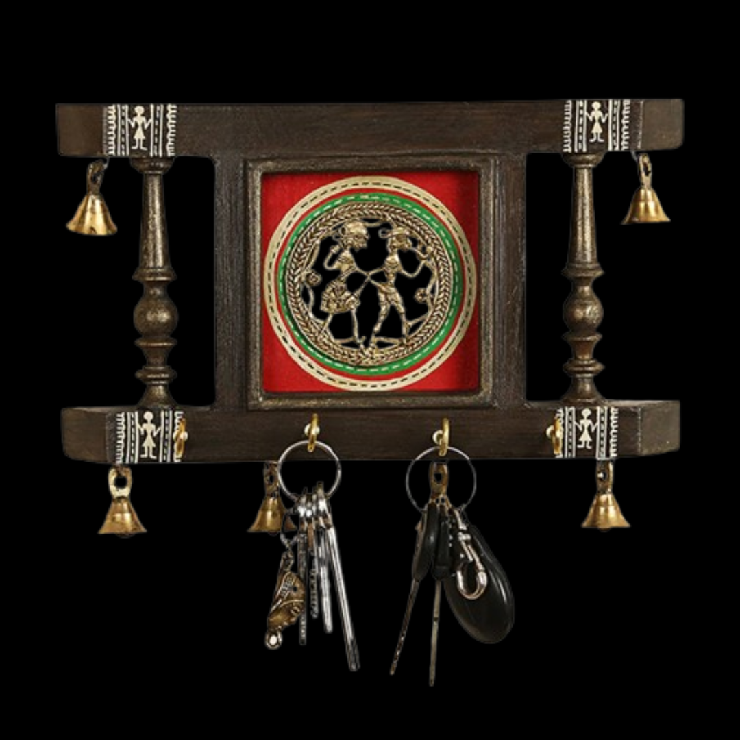 Brass People On Teak Wood Warli Hand-Painted Key Holder With Dhokra Art (4 Hooks)