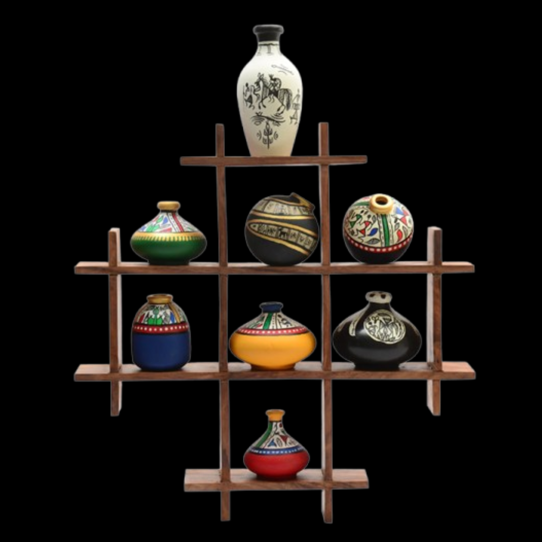 8 Terracotta Warli Handpainted Pots With Sheesham Wooden Frame – Wall Hanging Décor