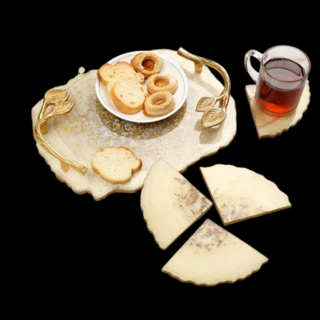 Gold Flakes Resin Serving Tray & Coaster Set | Multipurpose Elegance for Every Occasion