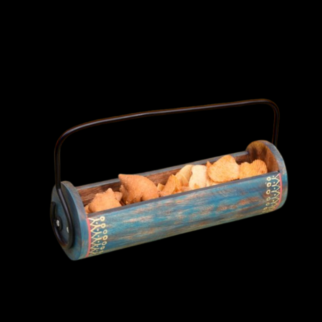 Blue Wooden Snack Server | Exotic Shape with Stylish Metal Handle