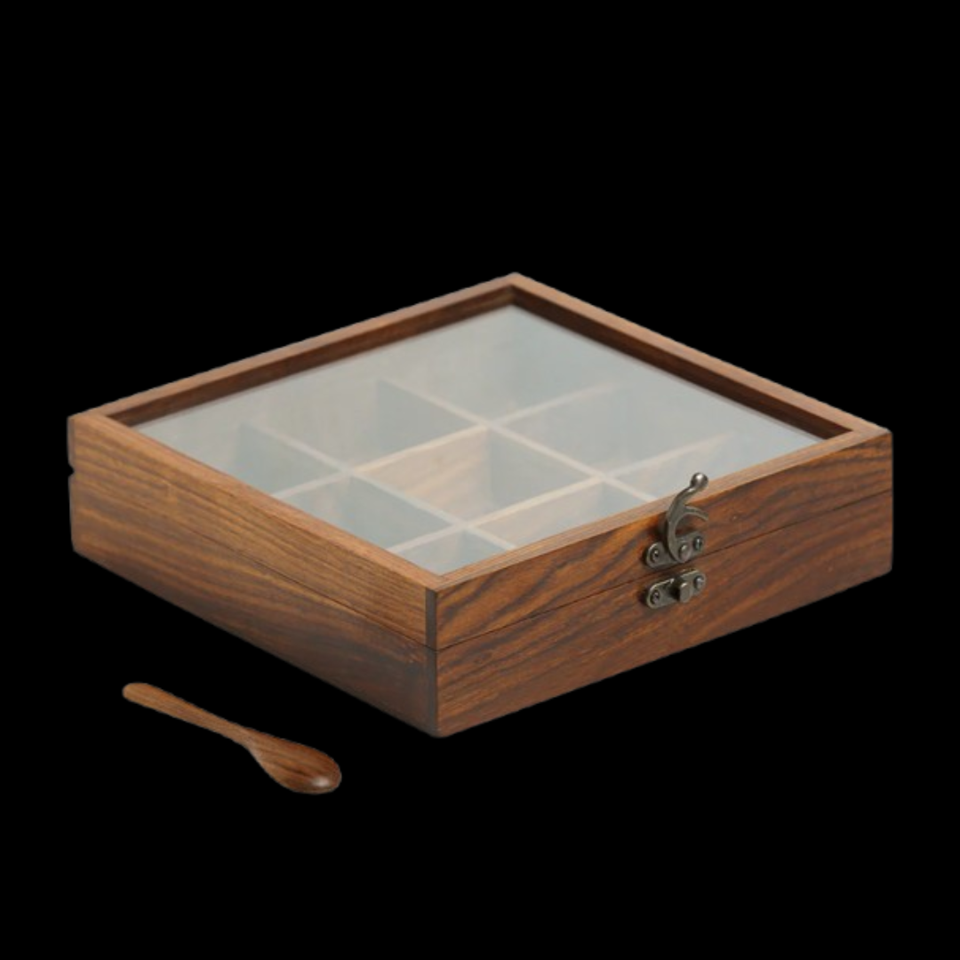 Handcrafted Sheesham Wood Spice Box with Spoon – 9 Partition Masala Dabba