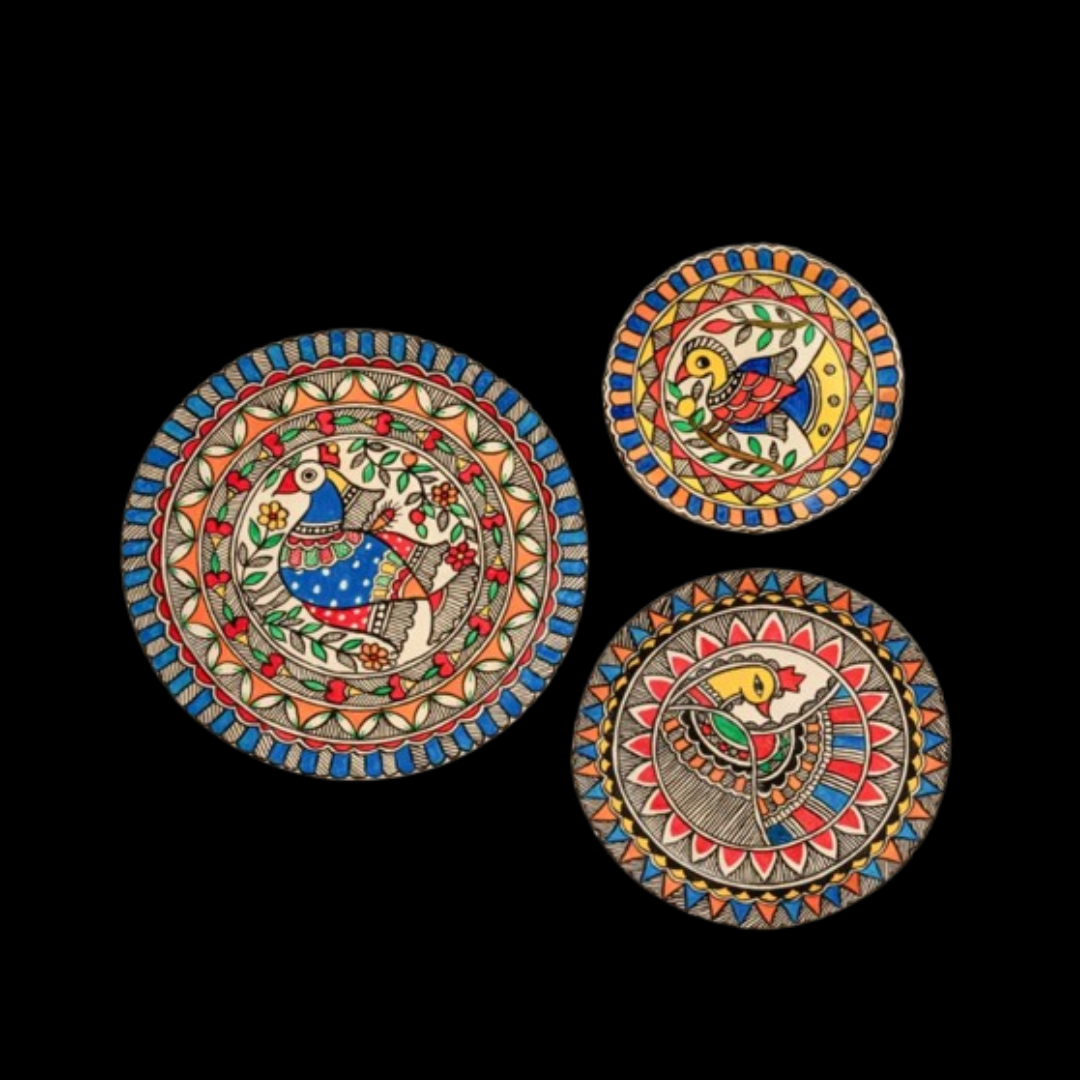 Hand Painted Madhubani Art on Wood – Peacock Harmony Décor Plates (Set of 3)